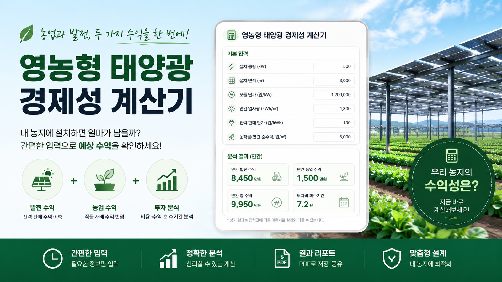 영농형 태양광 경제성 계산기 — 농지 + 태양광 패널 + 샘플 계산 결과 미리보기