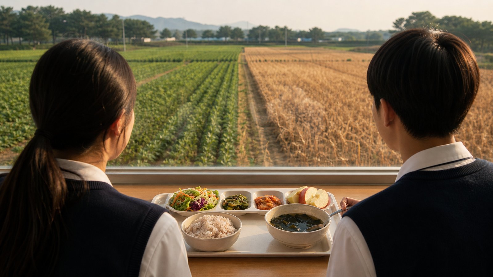 학교 급식 식판 앞에 앉은 두 청소년이 창밖의 푸른 밭과 고온으로 마른 밭을 함께 바라보는 모습